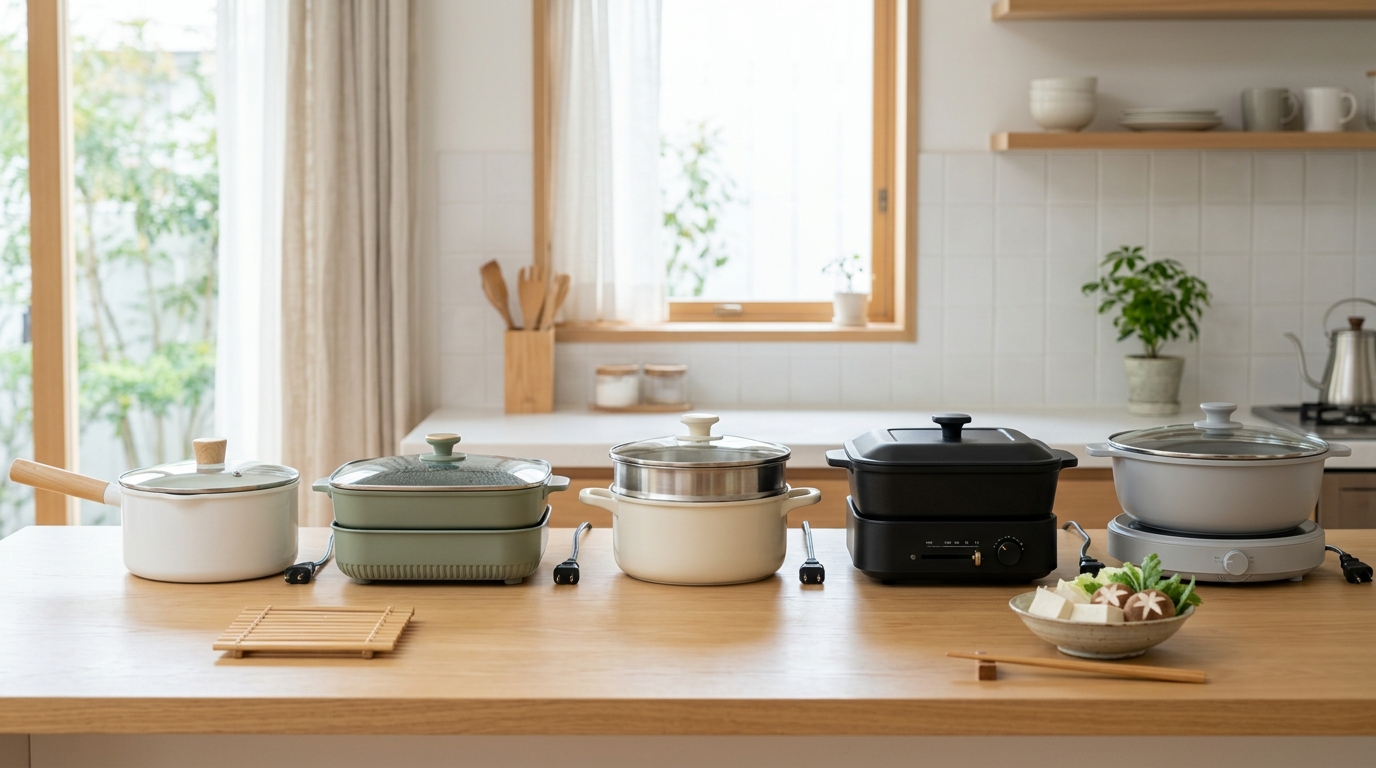 電気グリル鍋の選び方5つのポイントを示すフラットレイ