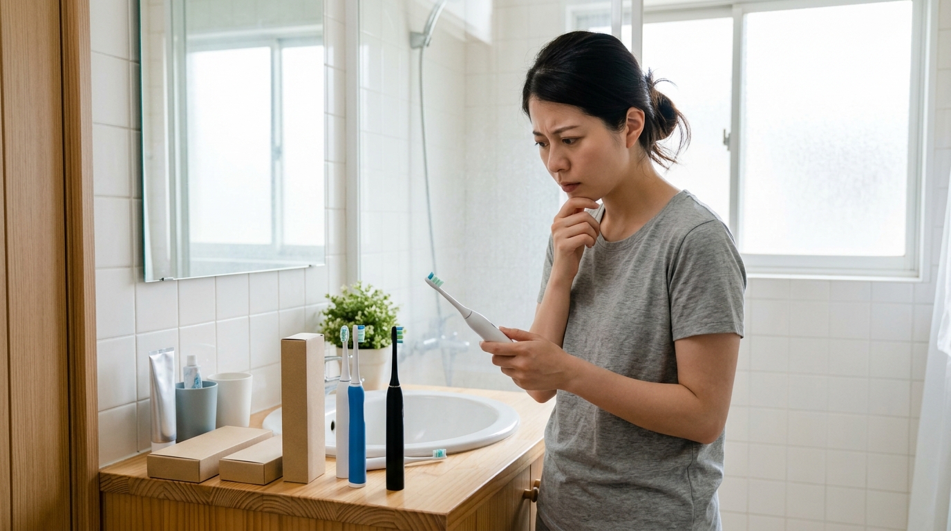 深夜の洗面所で静音電動歯ブラシを使うシーン