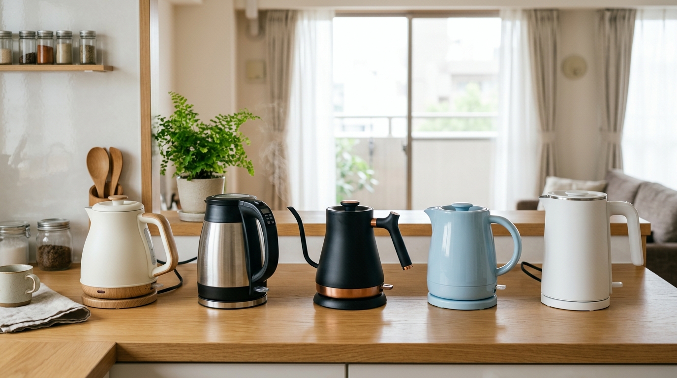 在宅ワーク中に電気ポットでお茶を楽しむ一人暮らしの様子