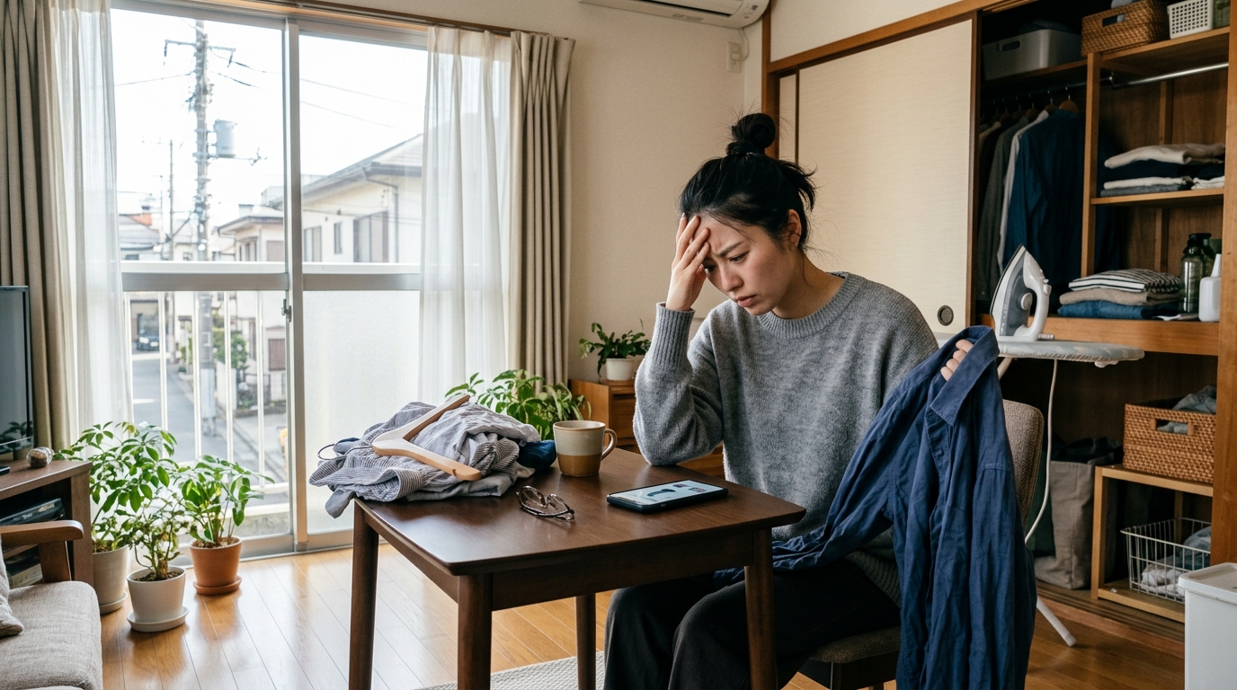 朝の時間に素早くアイロンがけする一人暮らしの様子