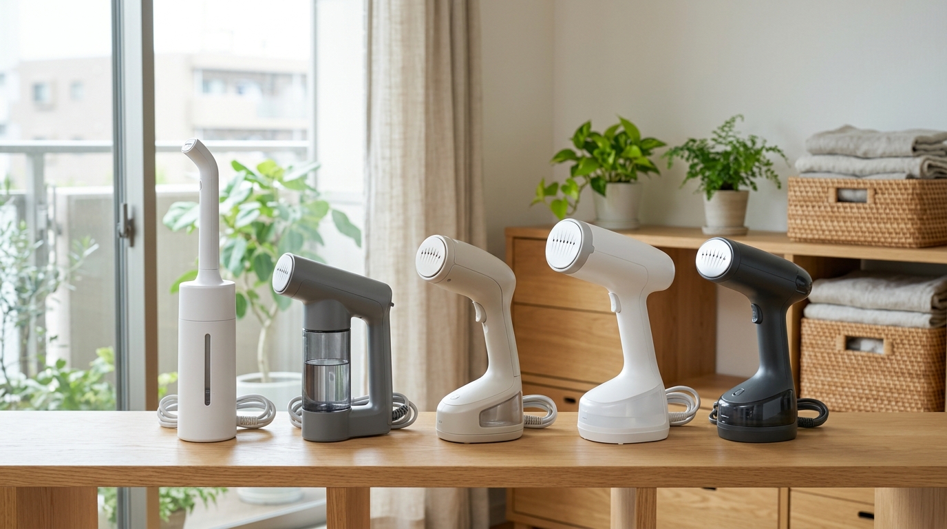 ワンルームの収納棚にコンパクトに収まるスチーマー