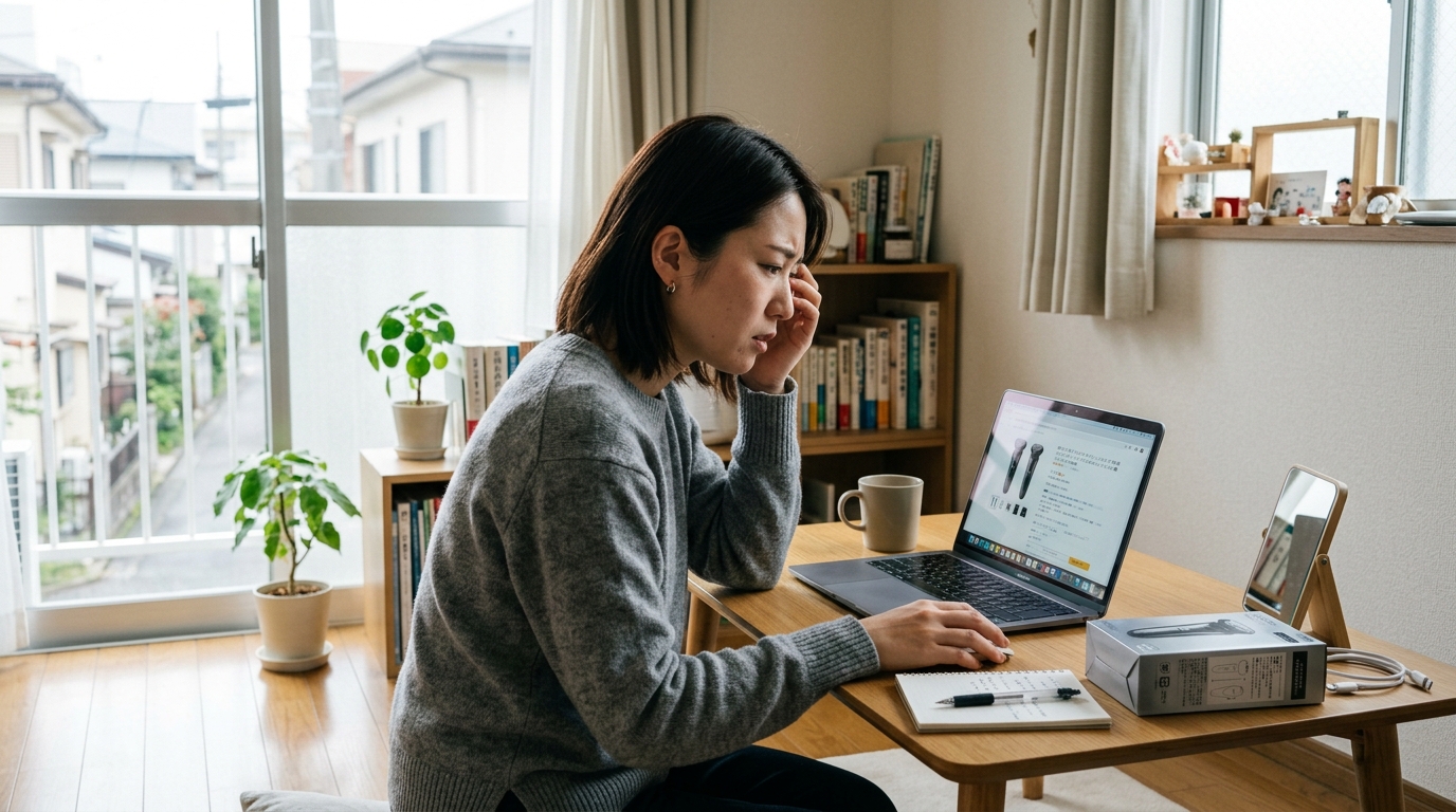 一人暮らしの狭い洗面台にコンパクトに収納された電気シェーバー
