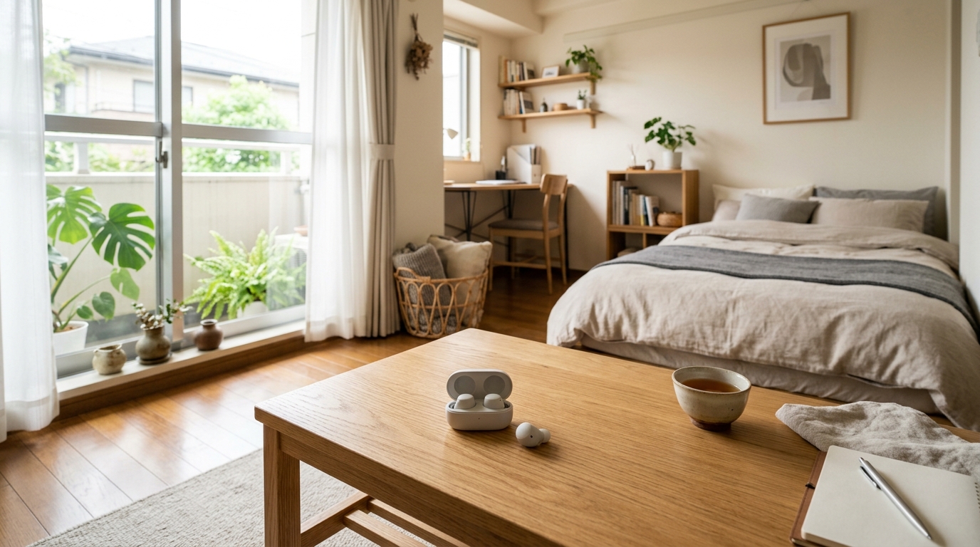 一人暮らし男性がワイヤレスイヤホンを装着した使用イメージ