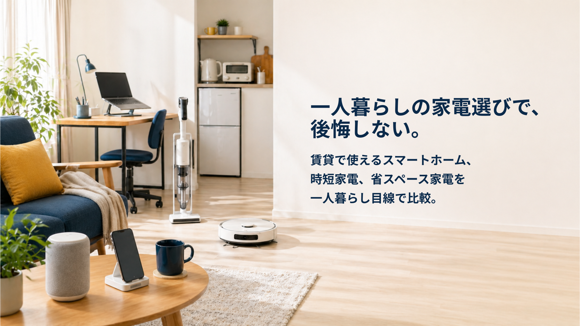 一人暮らしの部屋にスマートスピーカー、掃除機、ロボット掃除機、キッチン家電、PCデスクが置かれたメインビジュアル